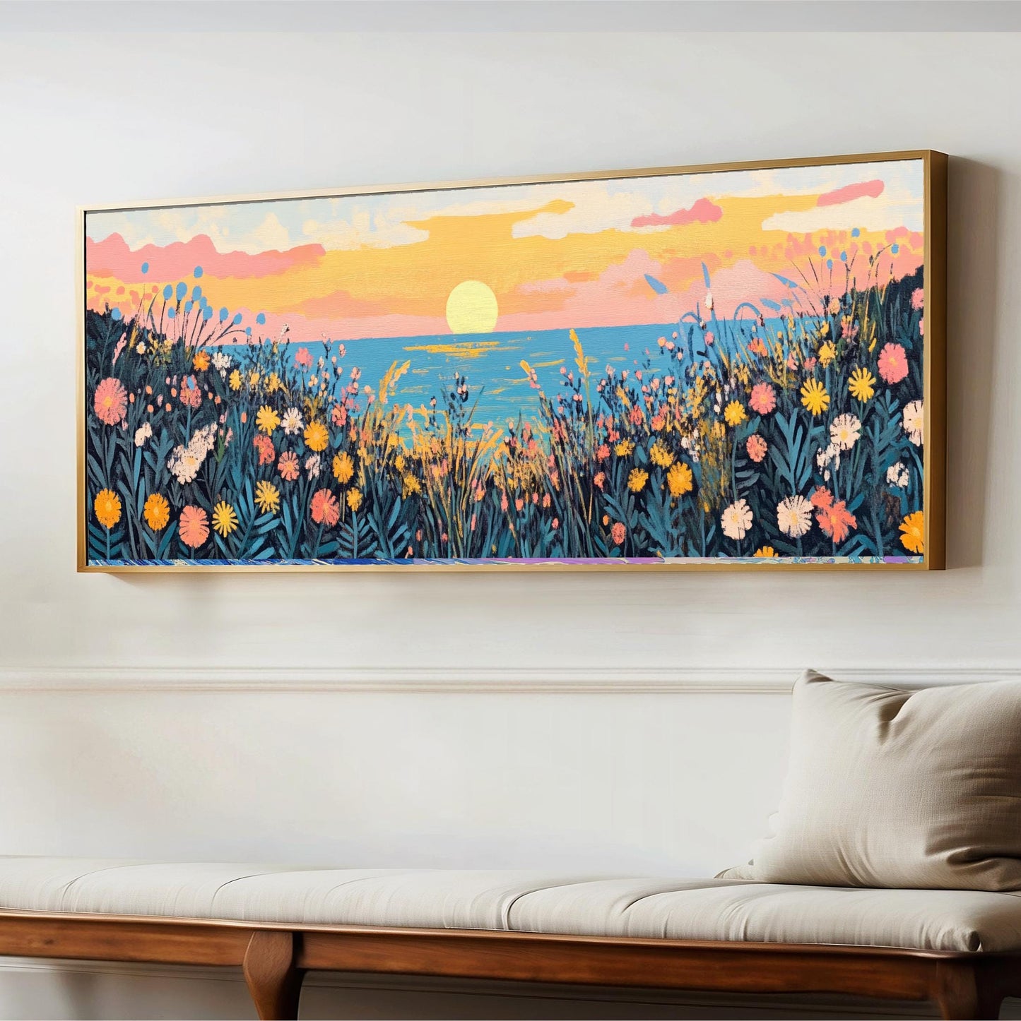 a painting hanging on a wall above a bench