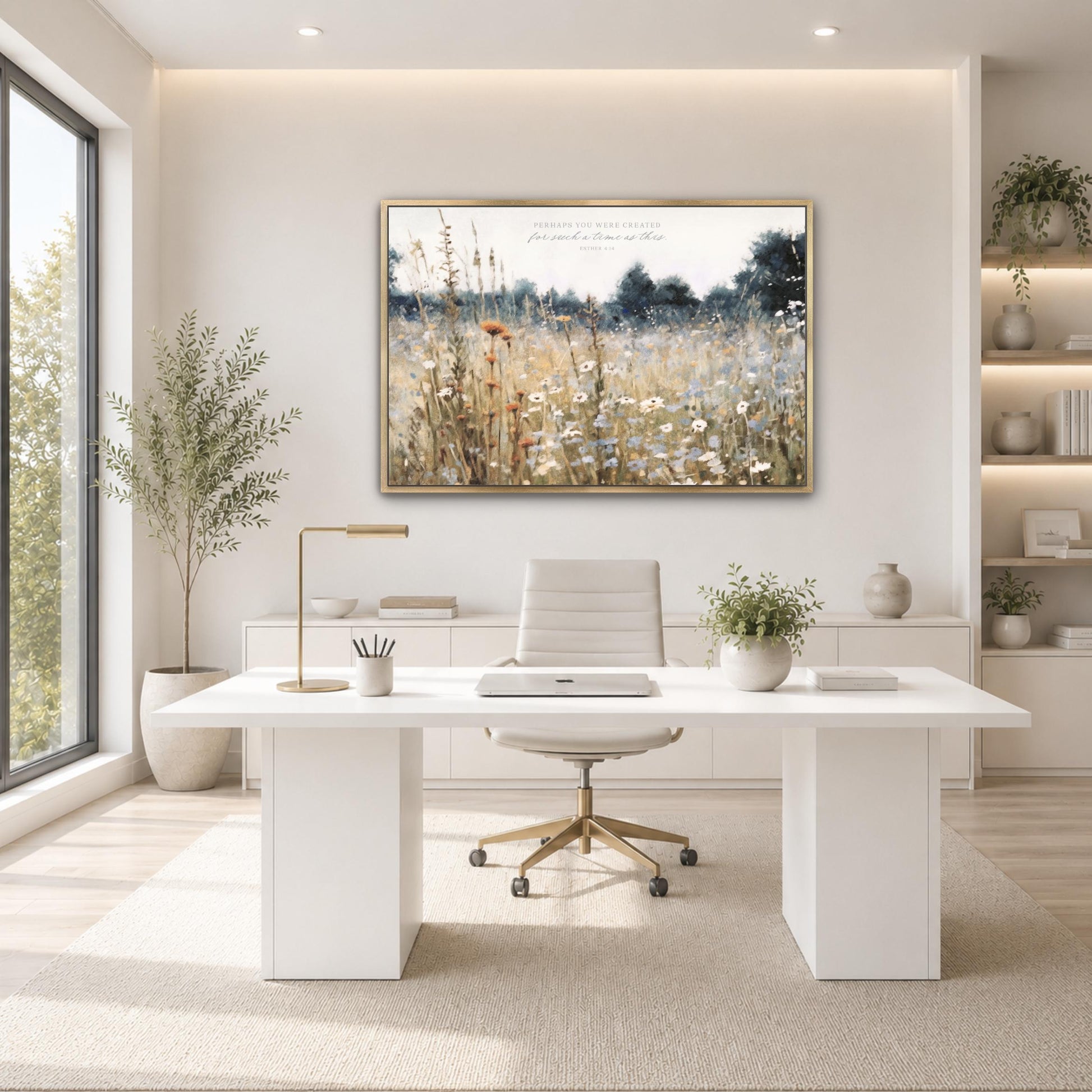 a modern, minimalist office space with a large window, a white desk, a white chair, and a framed landscape painting on the wall.