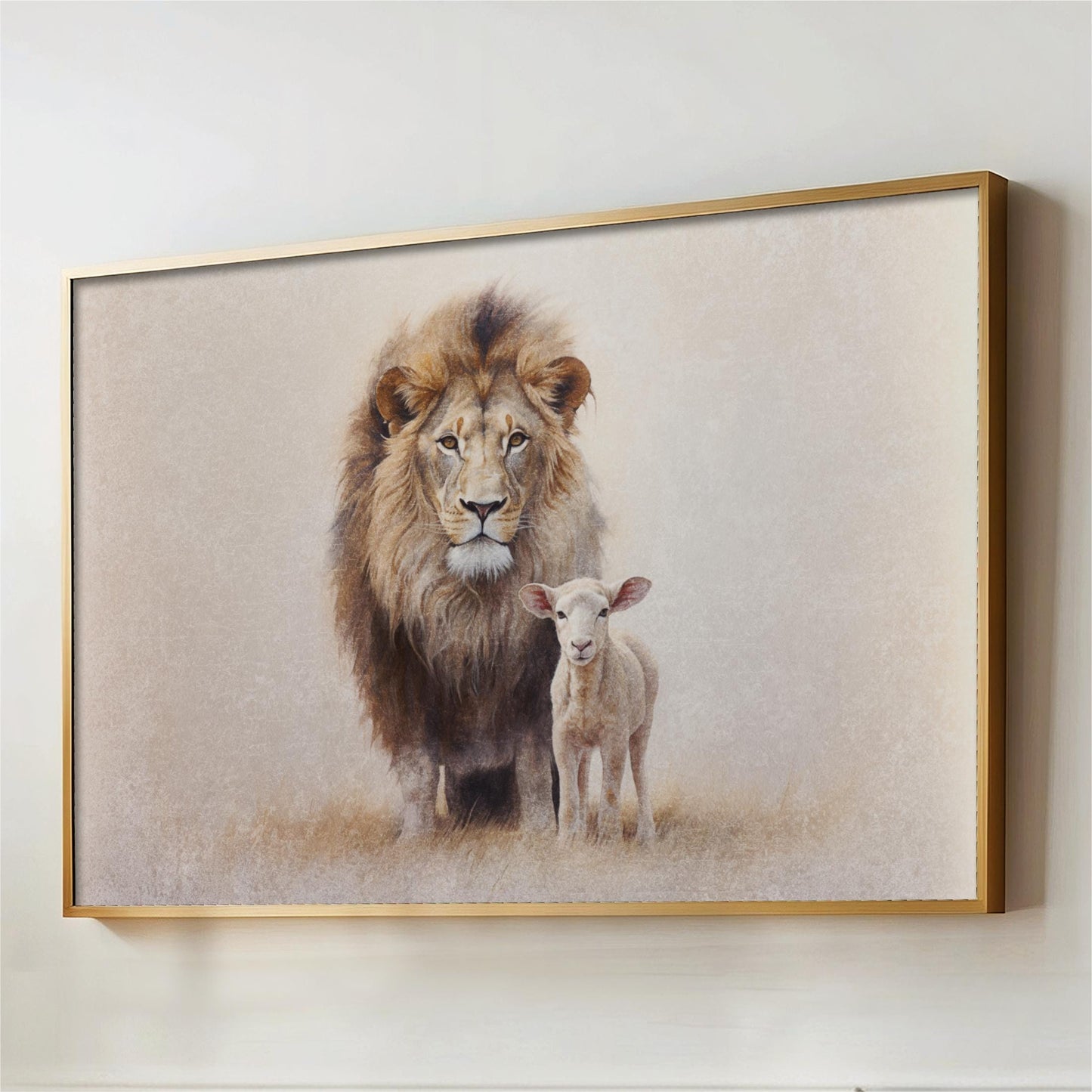 A lion and a lamb standing together in a field, with the lion appearing larger and more prominent in the foreground.
