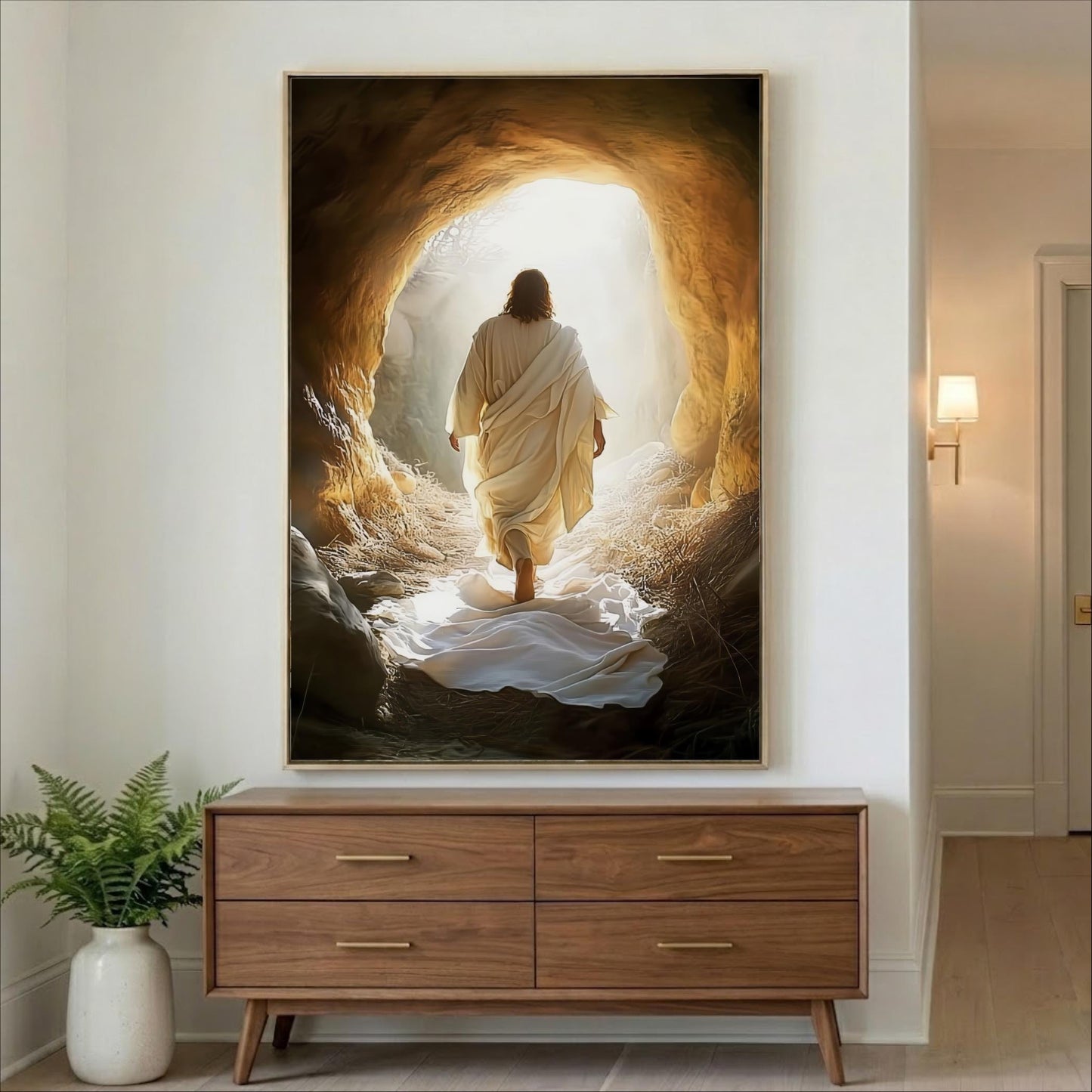 a person in a white robe walking through a cave with a bright light at the end, creating a sense of hope and guidance.