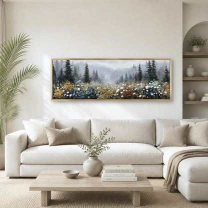 a serene living room with a large painting of a forest scene hanging on the wall above a white sofa. The painting features a variety of trees and flowers, creating a peaceful and natural atmosphere. The room is decorated with a wooden coffee table, a vase with greenery, and a stack of books, adding to the cozy and inviting ambiance.