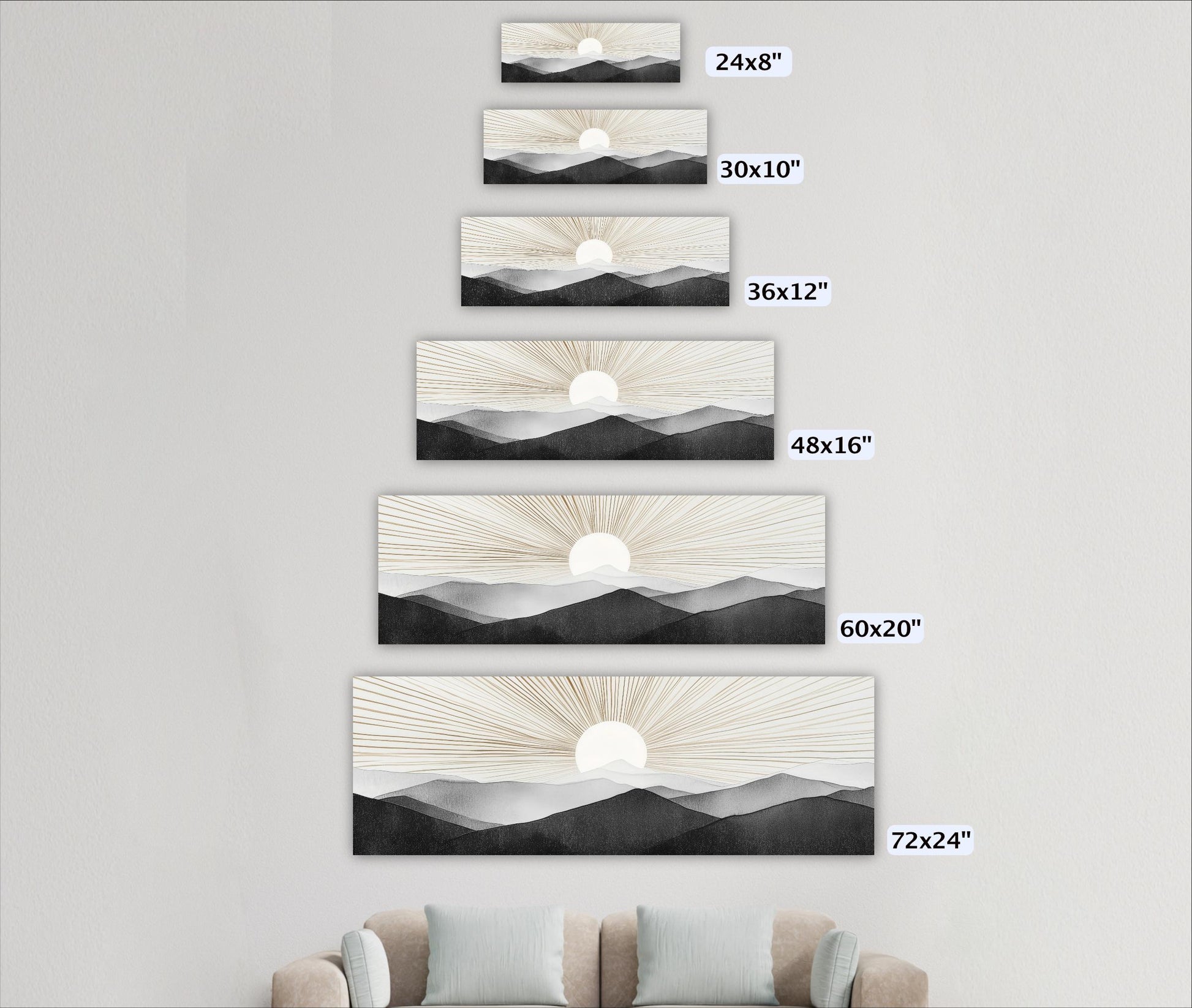 A series of landscape paintings depicting sunsets over mountains, each with a different size ranging from 24" to 72" wide.