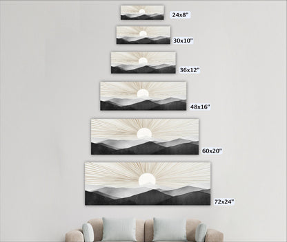 A series of landscape paintings depicting sunsets over mountains, each with a different size ranging from 24" to 72" wide.