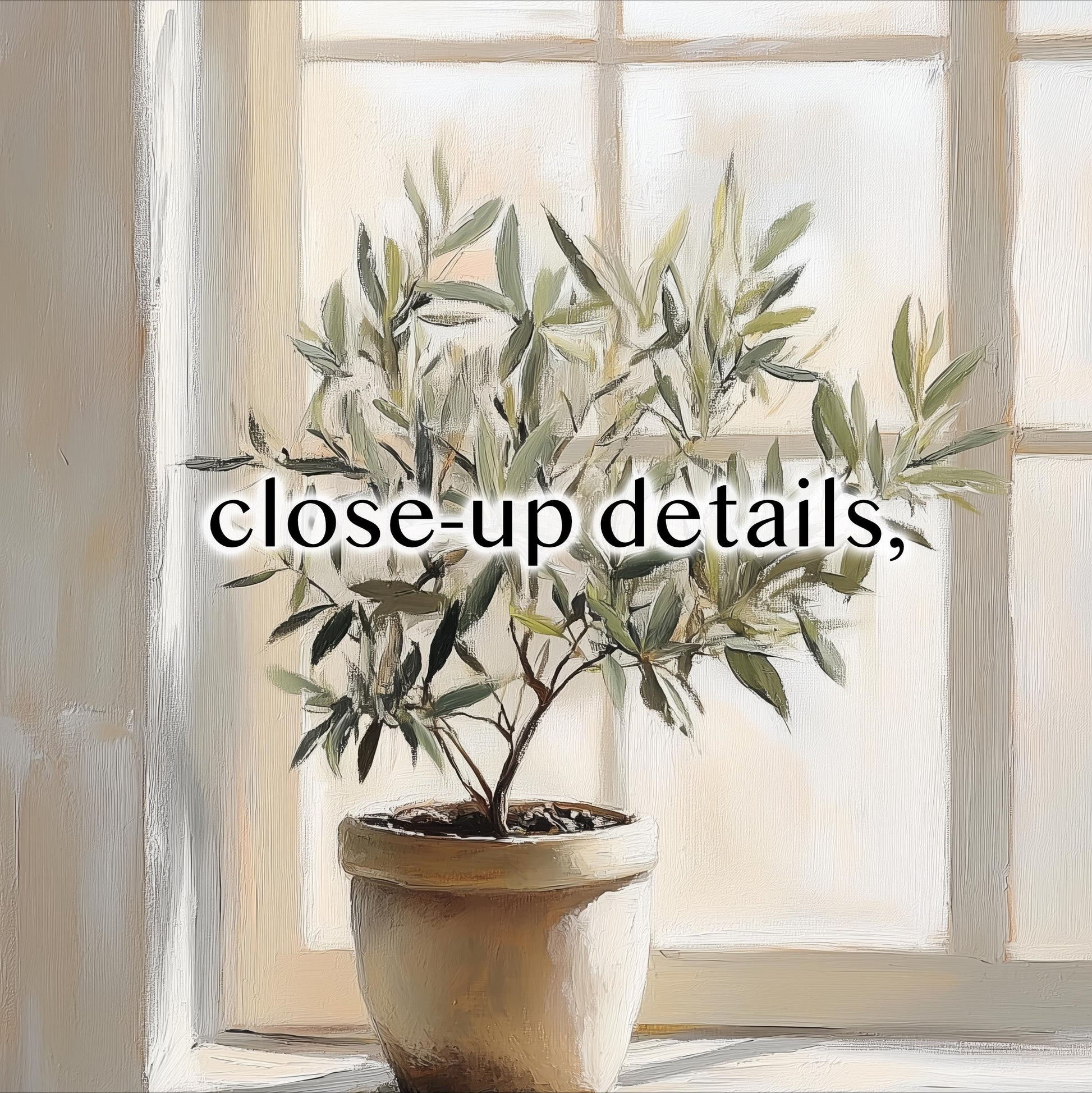 A potted olive tree with green leaves sits in front of a window, with the text "close-up details" overlaid on the image.