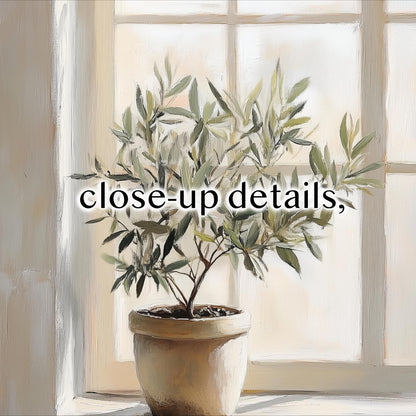 A potted olive tree with green leaves sits in front of a window, with the text "close-up details" overlaid on the image.