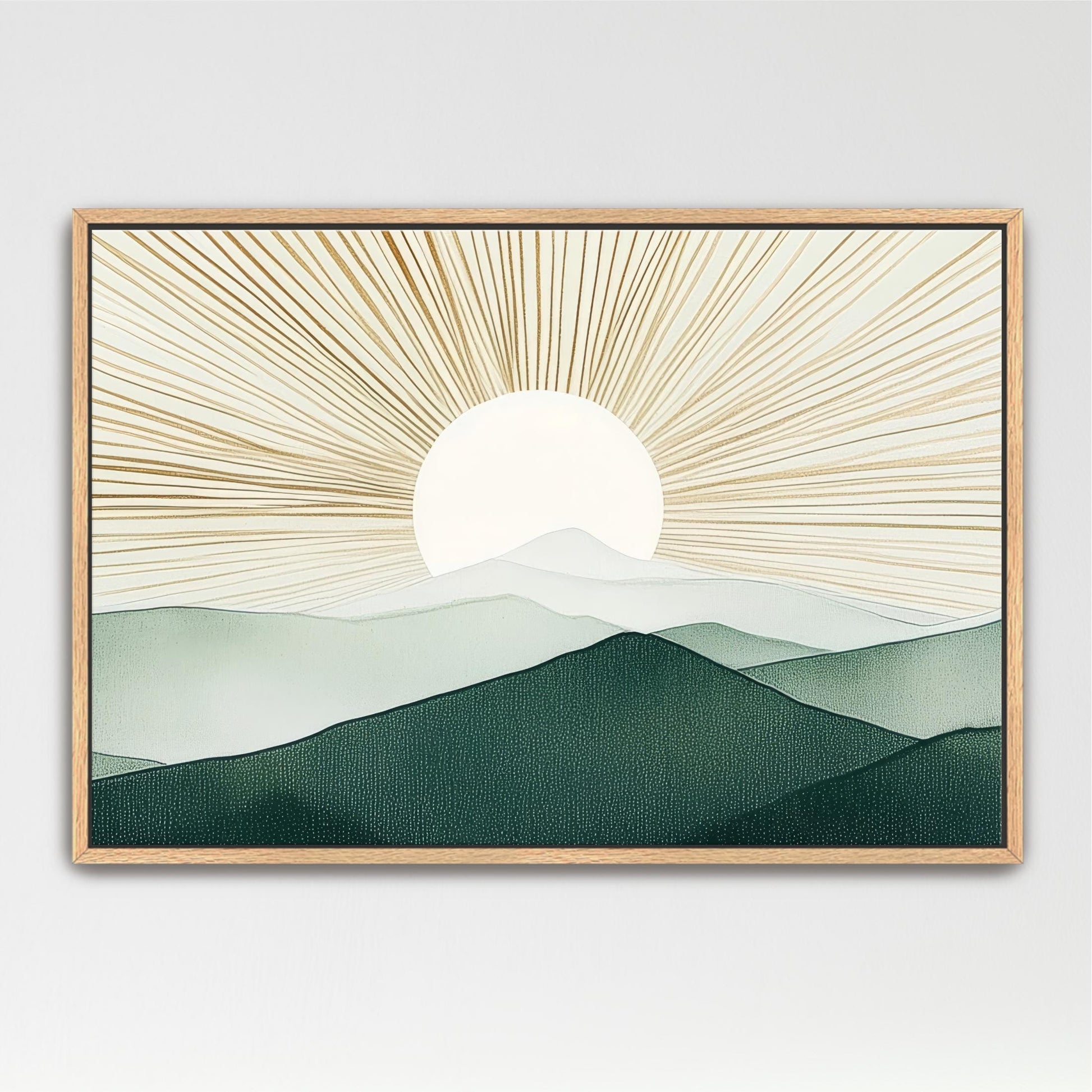 Sun Green Wall Art, Boho Gold Modern Mountains Abstract Artwork Retro Decor, Framed Horizontal Art Above Bed Framed Ready To Hang Minimalist