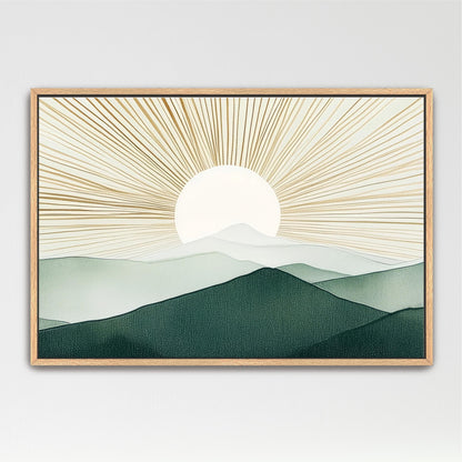 Sun Green Wall Art, Boho Gold Modern Mountains Abstract Artwork Retro Decor, Framed Horizontal Art Above Bed Framed Ready To Hang Minimalist