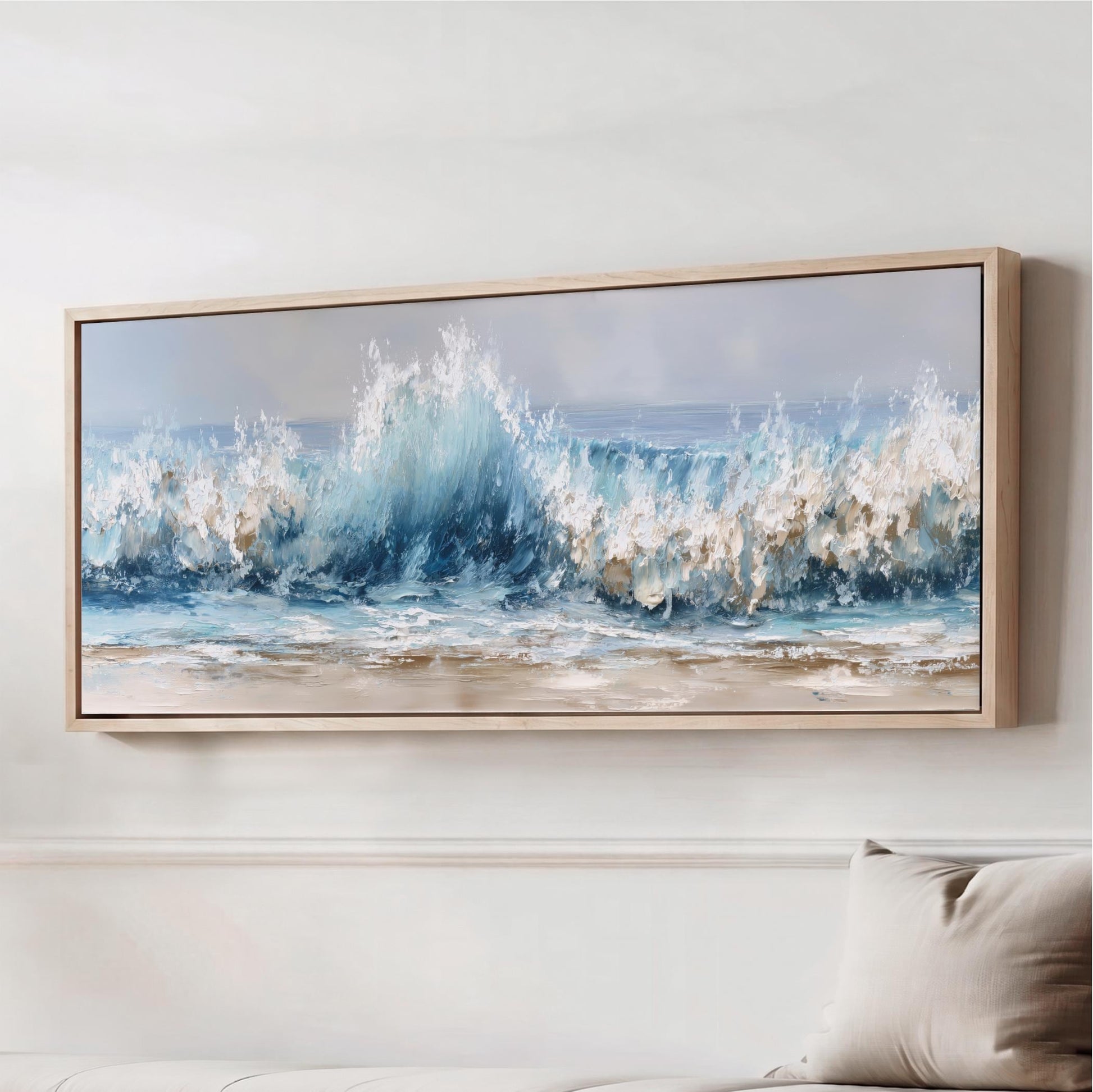 Ocean Wave Canvas Wall Art, Coastal Beach House Decor, Blue Sea Large Panoramic Framed Neutral Paint Effect Print Seascape Artwork Modern wood framed canvas art