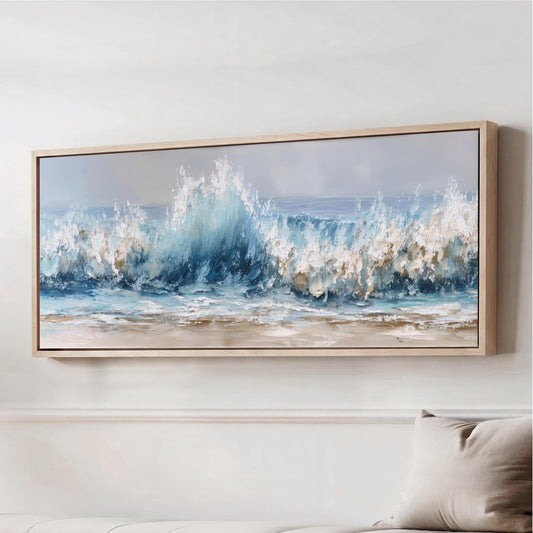 Ocean Wave Canvas Wall Art, Coastal Beach House Decor, Blue Sea Large Panoramic Framed Neutral Paint Effect Print Seascape Artwork Modern wood framed canvas art