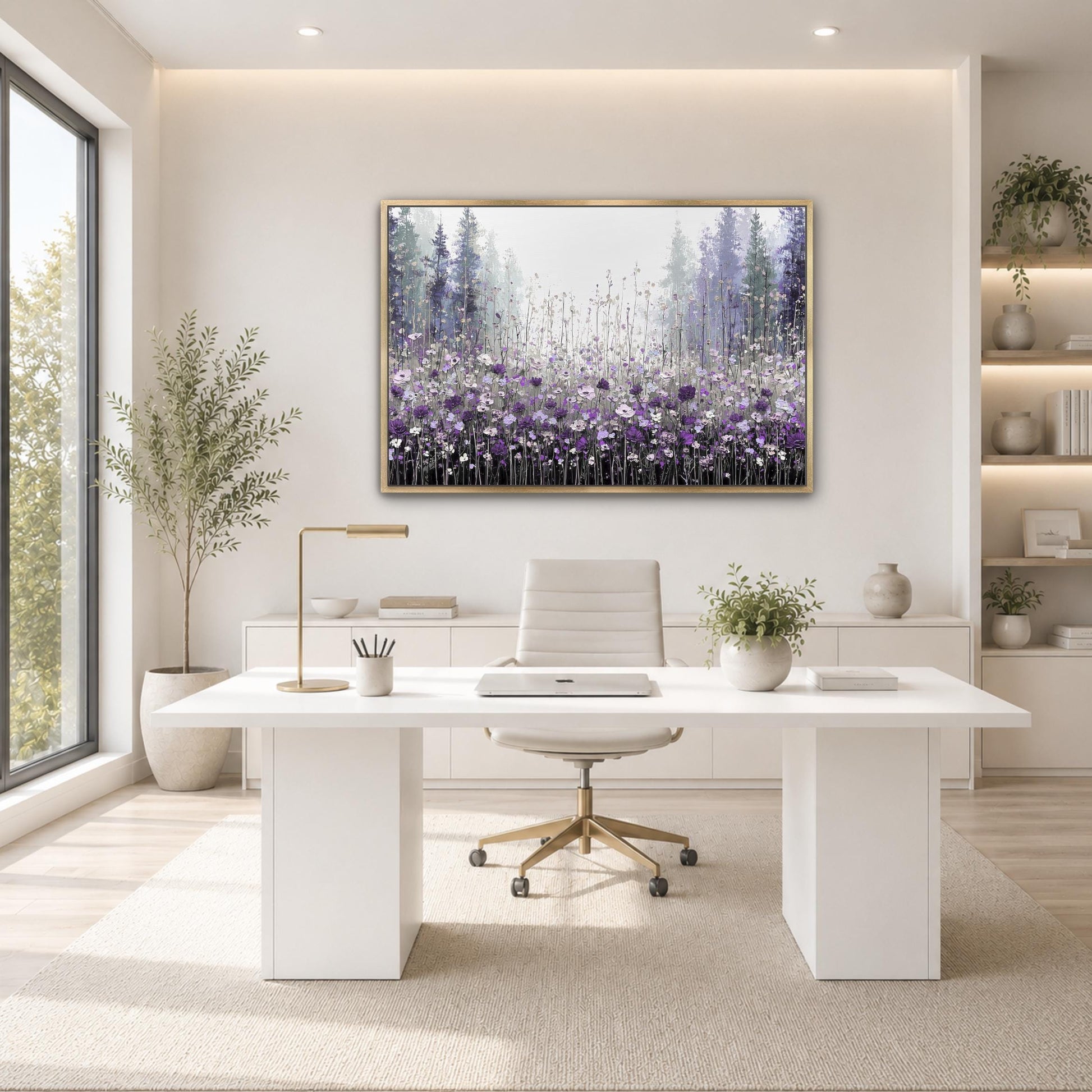 a modern, minimalist office space with a large window, a white desk, a white chair, and a framed painting of a field of flowers on the wall.