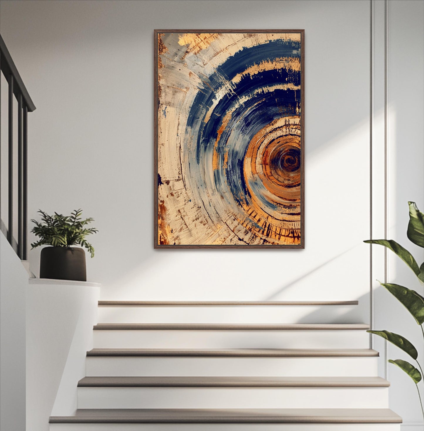 a large abstract painting hanging on a white wall above a set of white stairs.
