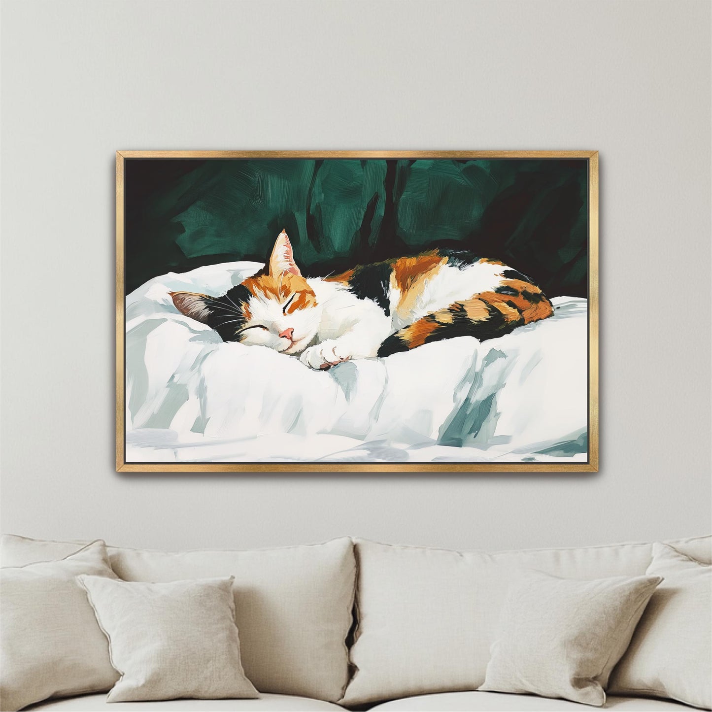 a painting of a cat sleeping on a bed
