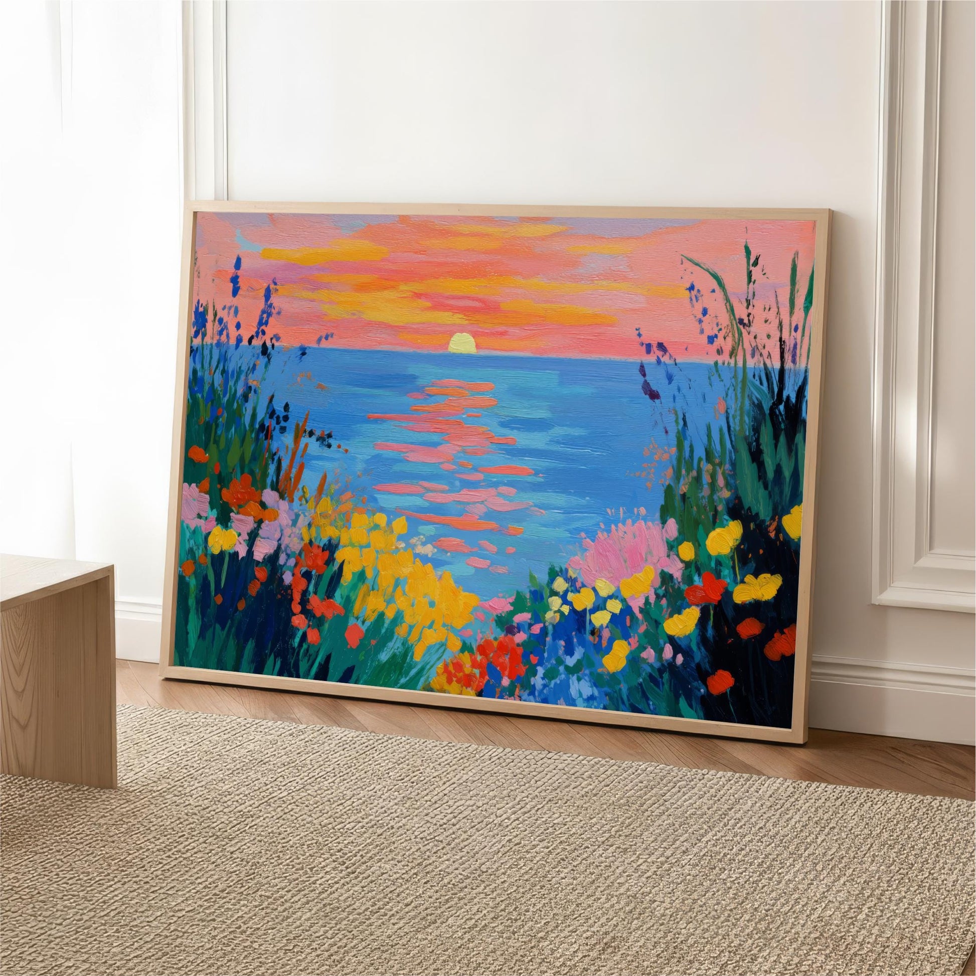a vibrant painting of a sunset over a body of water, with a colorful sky and lush vegetation in the foreground.