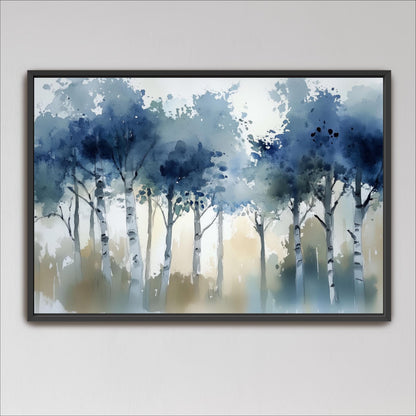 The image is a framed painting depicting a serene forest scene with tall trees and a hazy, blue-toned sky.