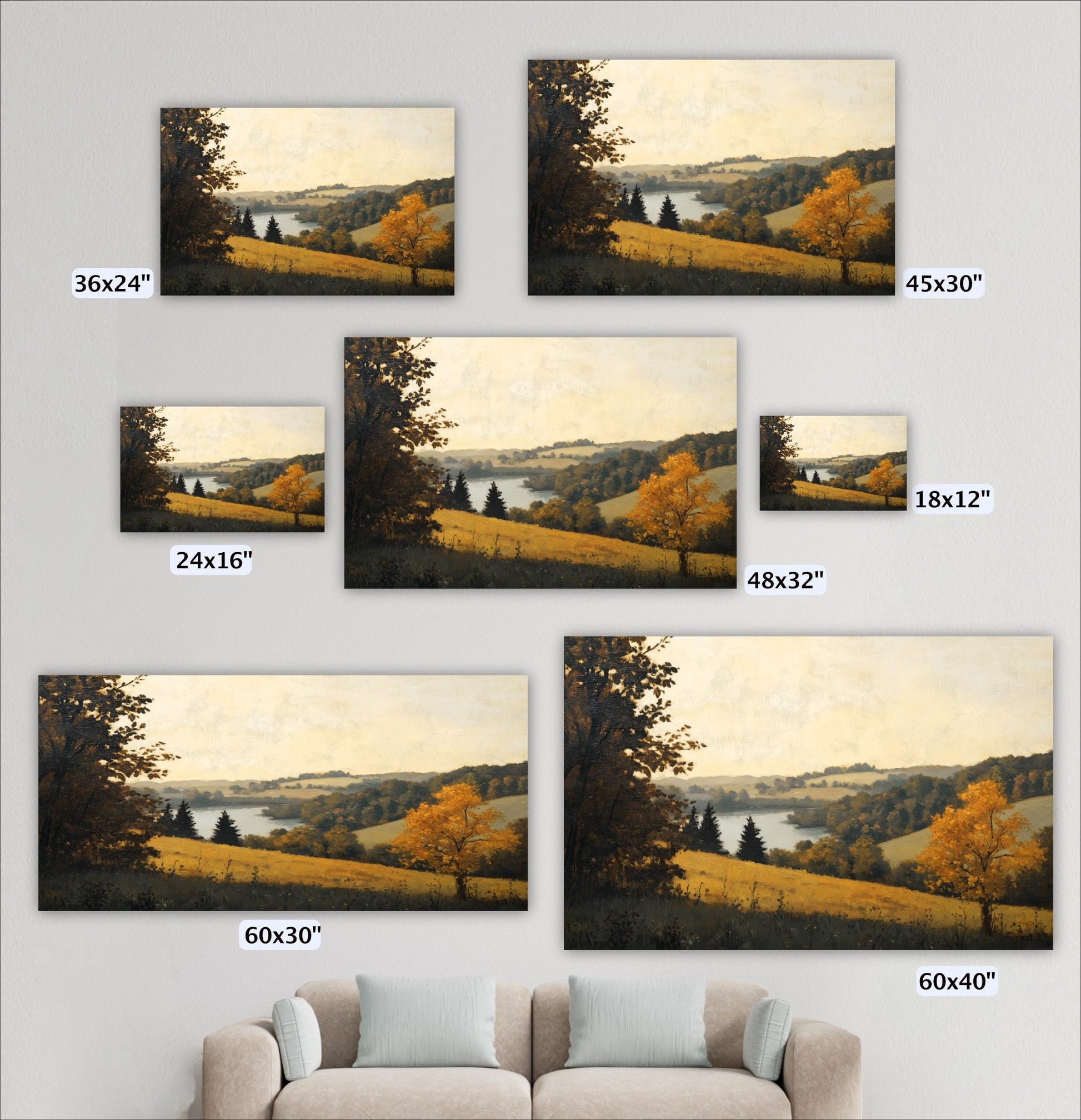 a collection of five landscape paintings, each varying in size and depicting different scenes of nature. The paintings are arranged on a wall, and there is a couch in the foreground.