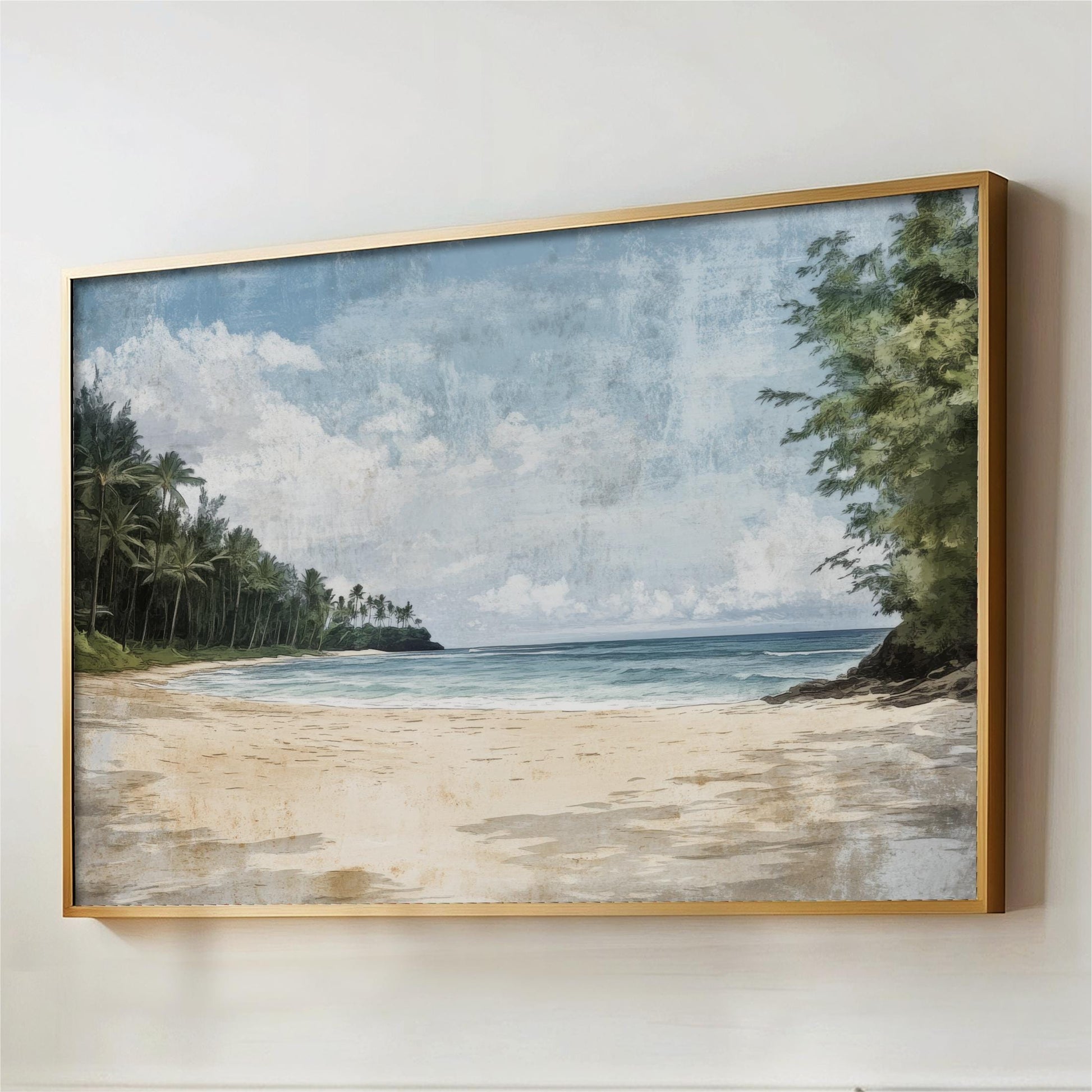 a painting hanging on the wall of a beach