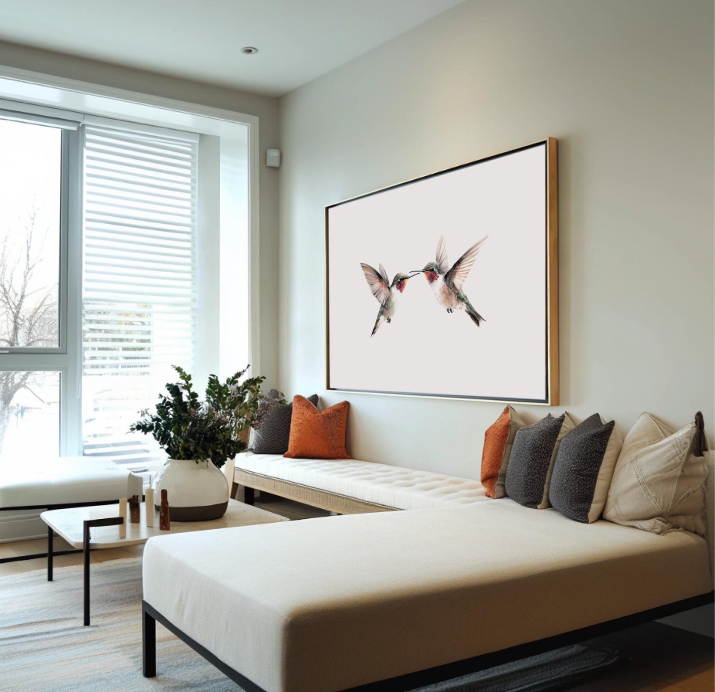 A modern living room with a large window, a white sofa, and a framed artwork of two hummingbirds on the wall.