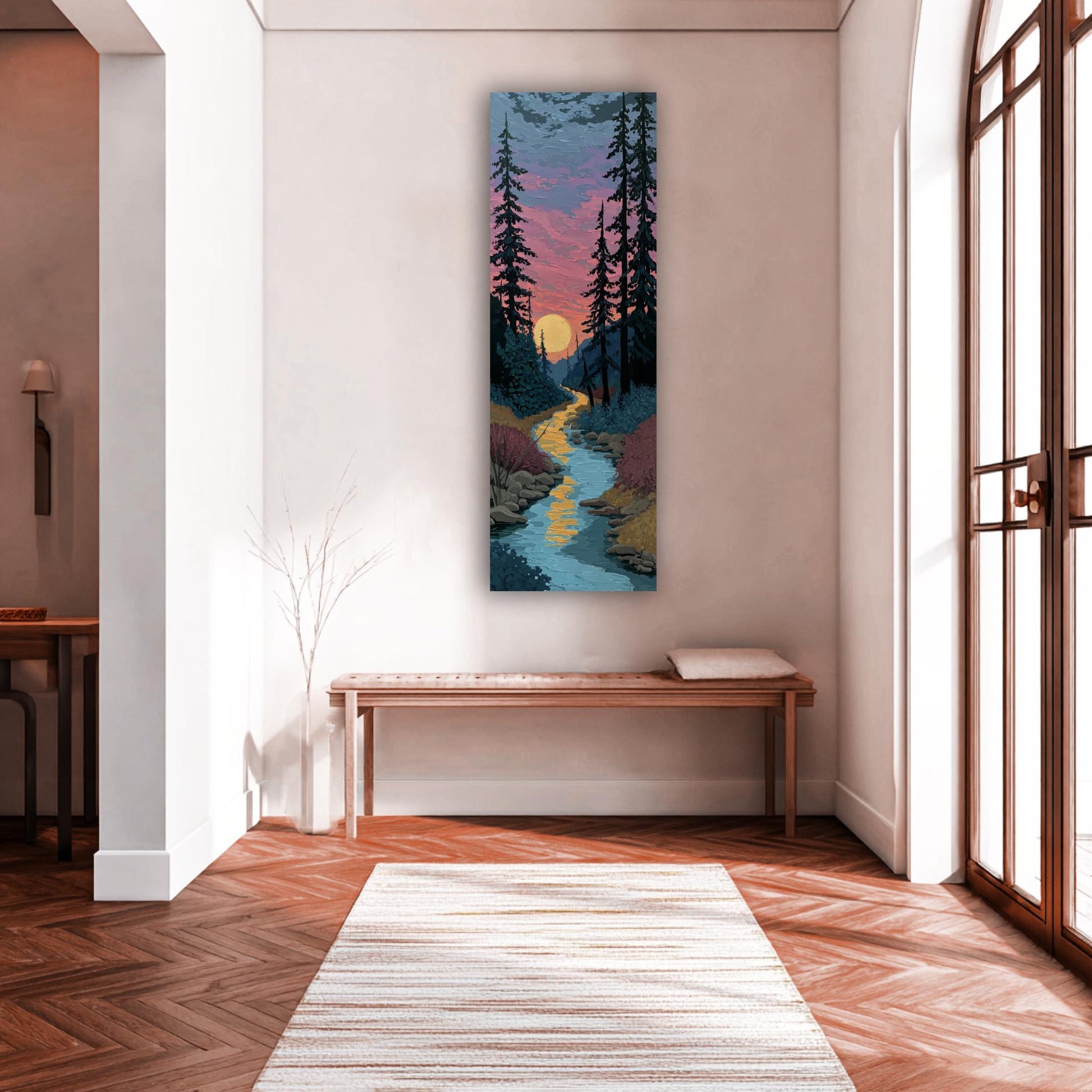 a serene indoor setting with a wooden bench, a rug, and a painting of a forest scene hanging on the wall.