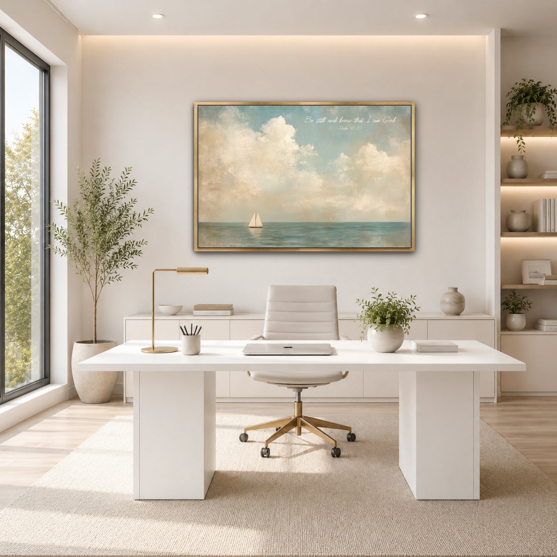 a modern, minimalist office space with a large window overlooking a serene landscape. The office features a white desk with a computer, a comfortable white chair, and a framed painting of a sailboat on the wall. The room is decorated with potted plants and other natural elements, creating a calming and serene atmosphere.