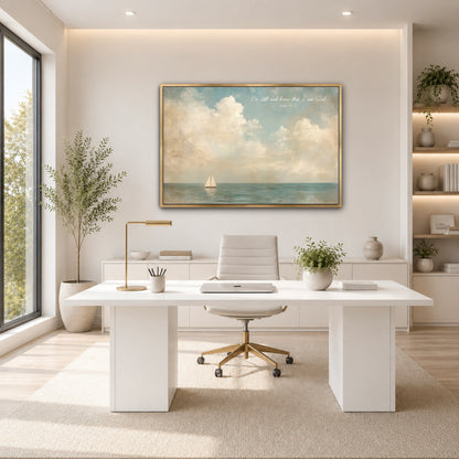 a modern, minimalist office space with a large window overlooking a serene landscape. The office features a white desk with a computer, a comfortable white chair, and a framed painting of a sailboat on the wall. The room is decorated with potted plants and other natural elements, creating a calming and serene atmosphere.