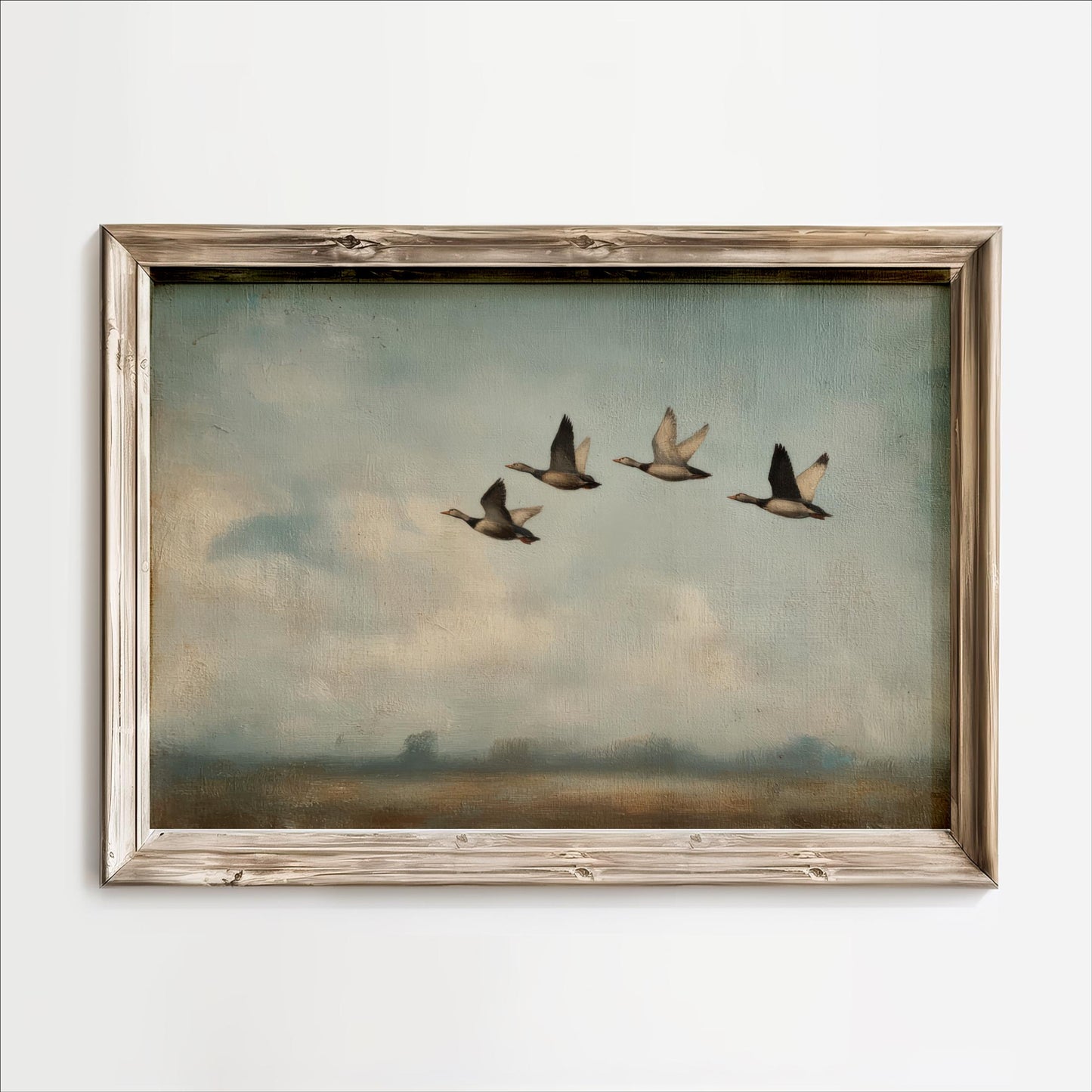 A painting of four ducks flying in a line across a cloudy sky.