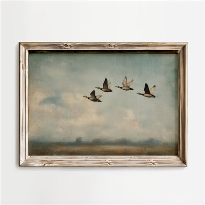 A painting of four ducks flying in a line across a cloudy sky.