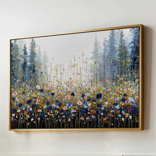The image is a framed painting depicting a field of colorful flowers with tall trees in the background.