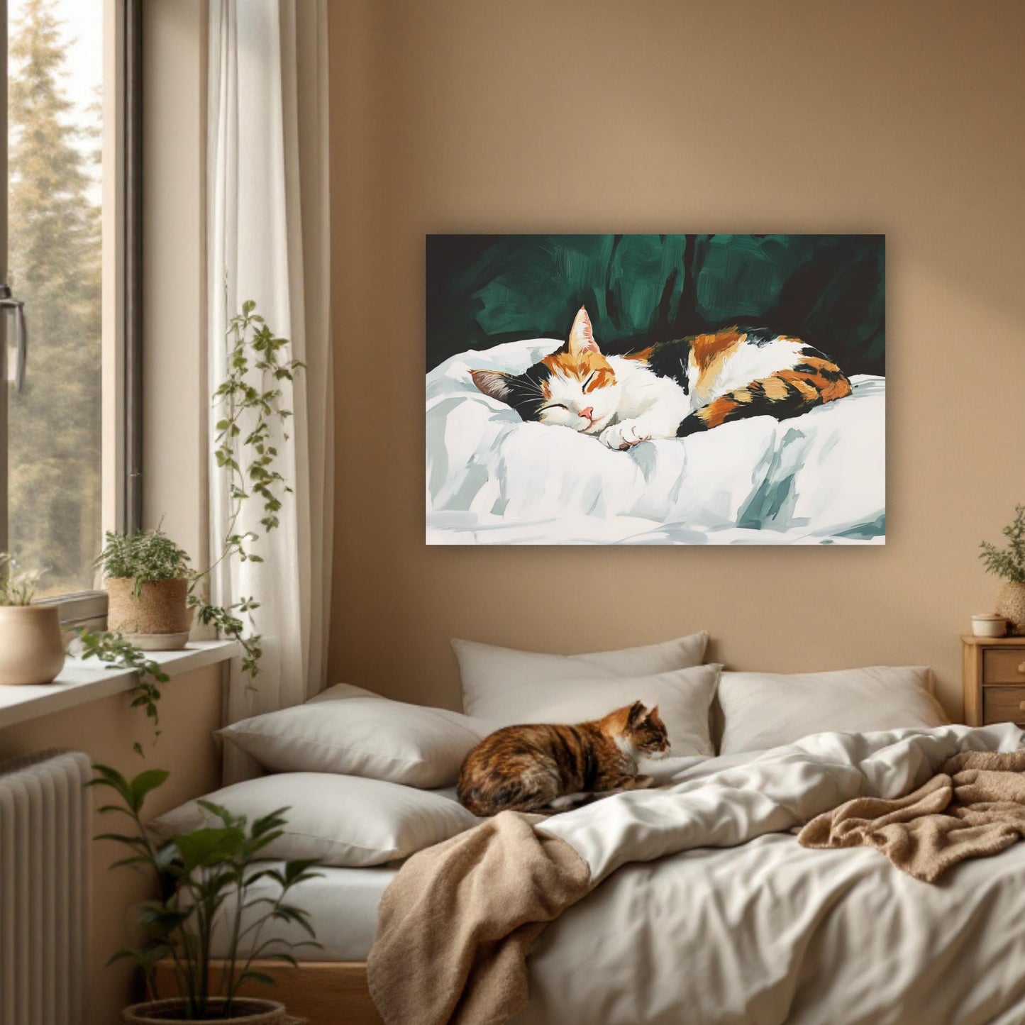a painting of two cats laying on a bed