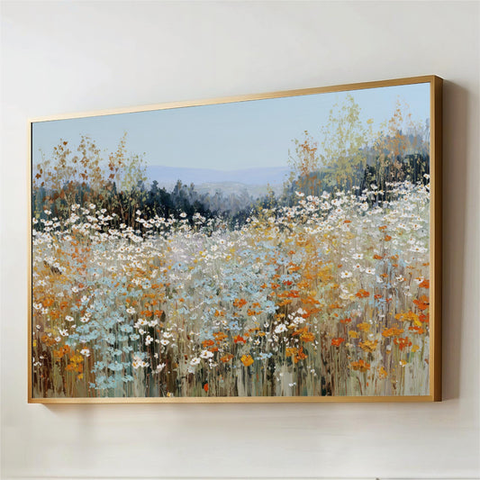 Wildflower Mountain Wall Art, High Country Meadow Daisies Floral Landscape, Nature Decor, Framed Canvas Artwork Orange Blue