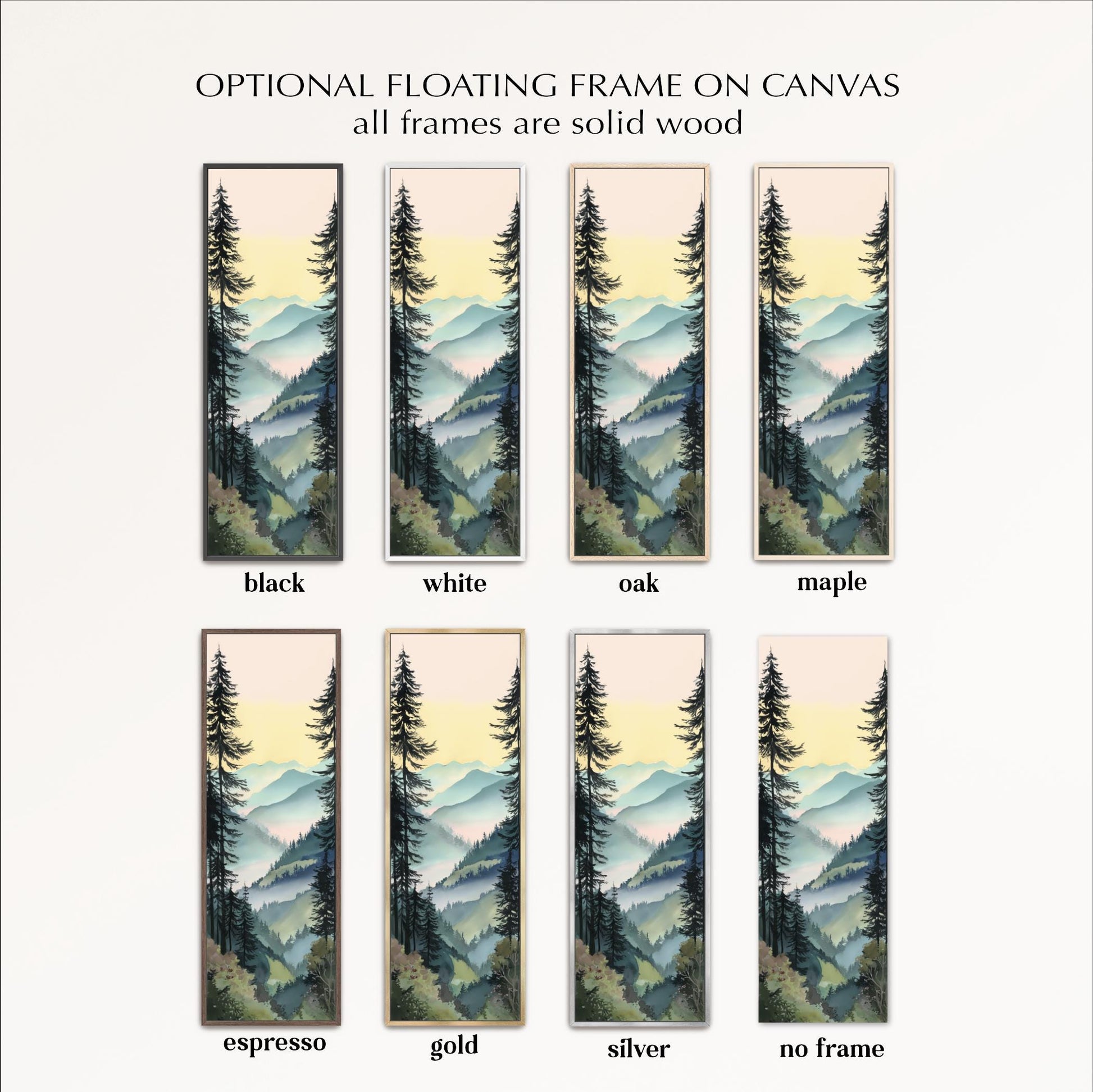 a collection of six framed landscape paintings, each with a different color and frame style, arranged in a grid format.