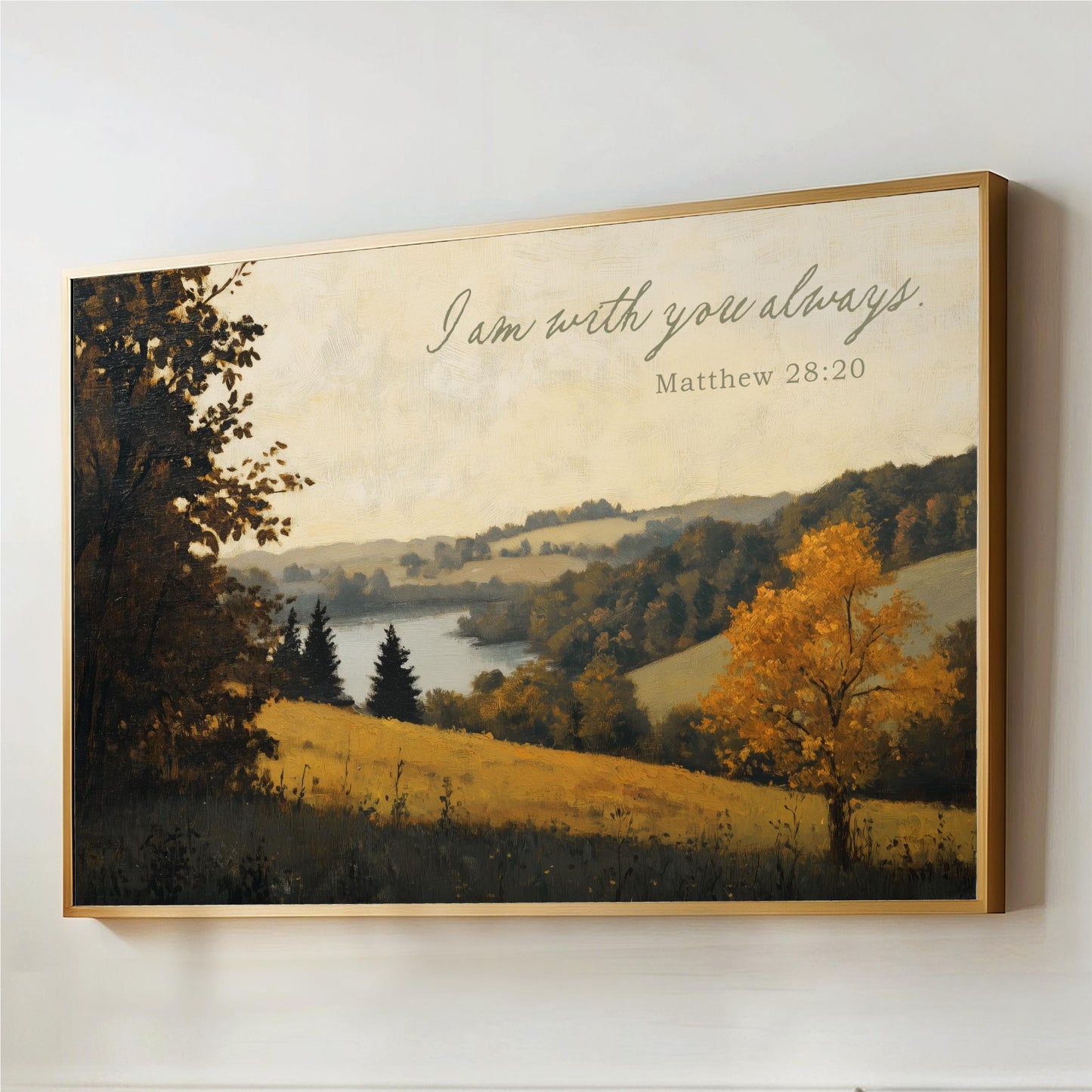 The image is a framed painting depicting a serene landscape with a tree in the foreground, a river in the background, and rolling hills in the distance. The painting is framed in gold and is hung on a wall.