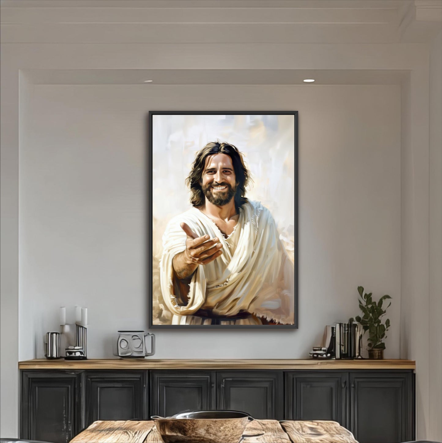 a large painting of Jesus Christ with a smiling expression, hanging on a wall above a wooden cabinet.