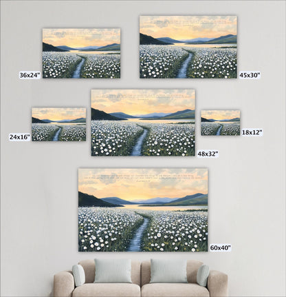 a collection of five landscape paintings or photographs depicting a serene countryside scene with a winding path through a field of white flowers.