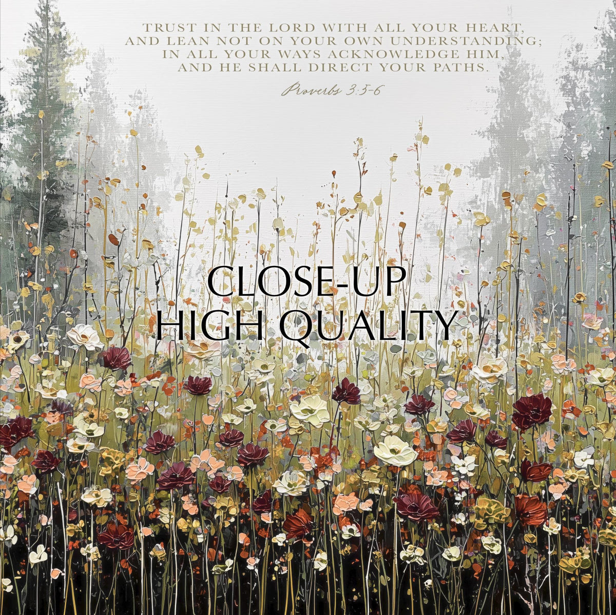 The image is a close-up of a field of colorful flowers, with a text overlay that reads "Trust in the Lord with all your heart and lean not on your own understanding; in all your ways acknowledge Him and he shall direct your paths."