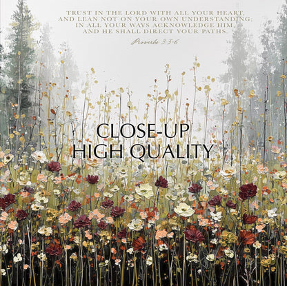 The image is a close-up of a field of colorful flowers, with a text overlay that reads "Trust in the Lord with all your heart and lean not on your own understanding; in all your ways acknowledge Him and he shall direct your paths."