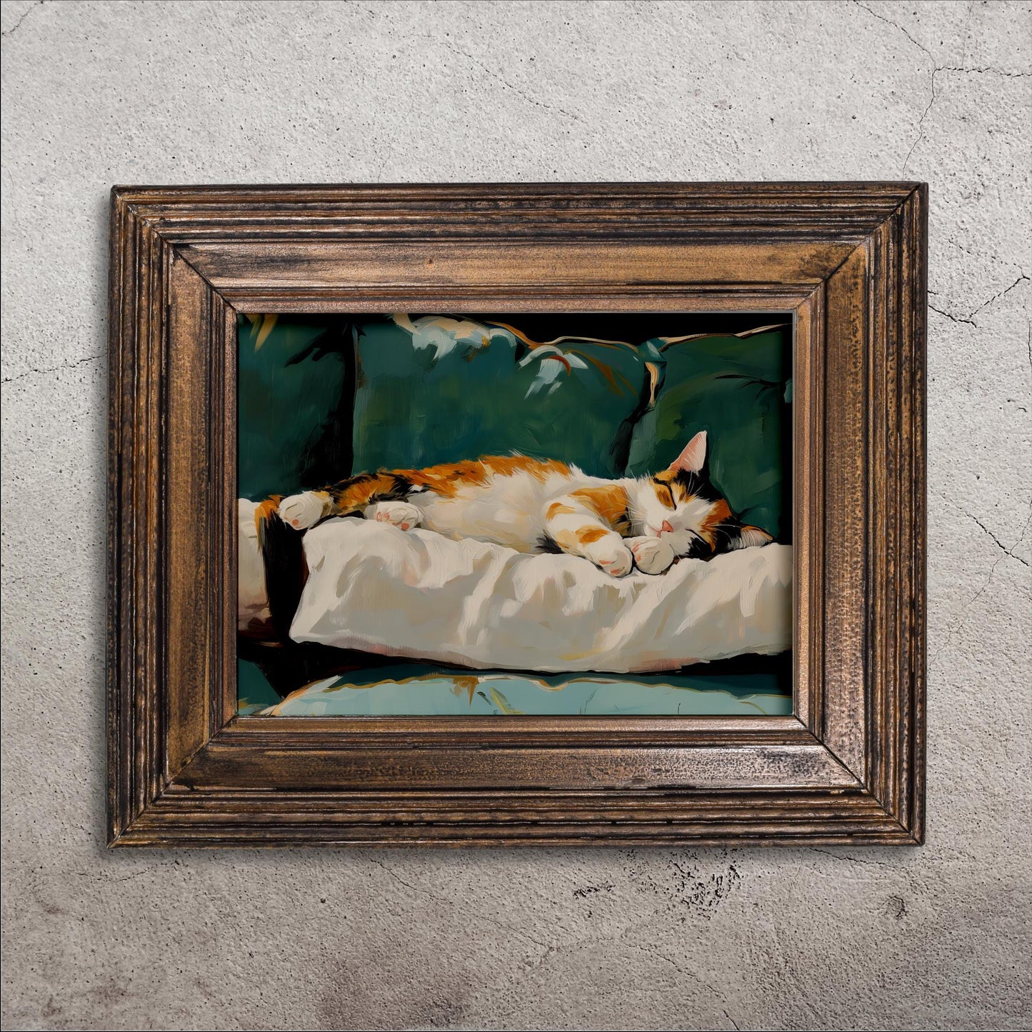 A framed painting of a cat resting on a white pillow, with a green background.