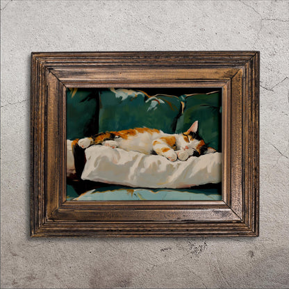 A framed painting of a cat resting on a white pillow, with a green background.
