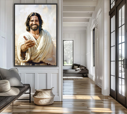 a large painting of Jesus Christ with a warm, inviting expression, hanging on a wall in a bright and airy room with wooden floors and white walls.
