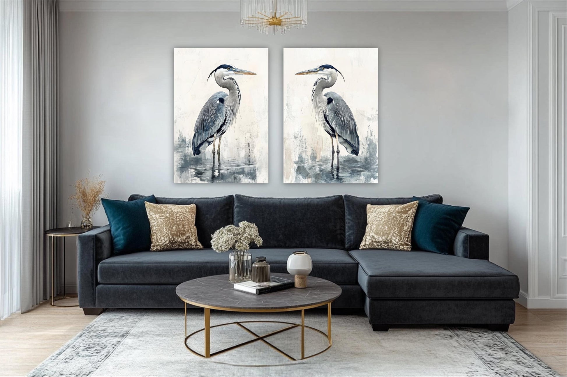a living room with two paintings of birds on the wall