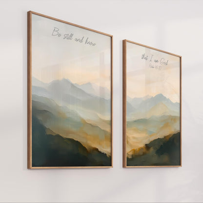 Be Still and Know Mountains Wall Art Set, Neutral Artwork Psalm 46:10 Christian Scripture Landscape Framed Canvas Print Modern Minimalist