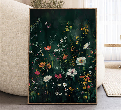 a vibrant and colorful painting of a lush garden filled with various flowers and plants.