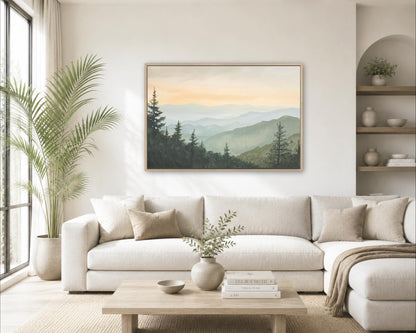 a serene living room with a large painting of a mountain landscape hanging on the wall above a white sofa. The room is decorated with various plants and has a wooden coffee table in the center.