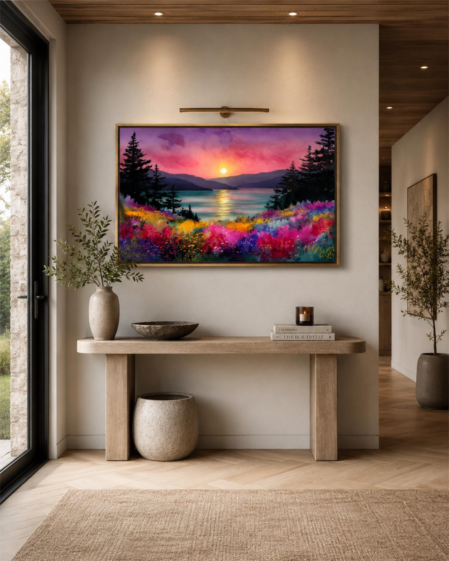 a large, colorful painting of a sunset landscape hanging on a wall above a wooden console table. The table has a bowl, a candle, and a book on it, creating a cozy and inviting atmosphere.