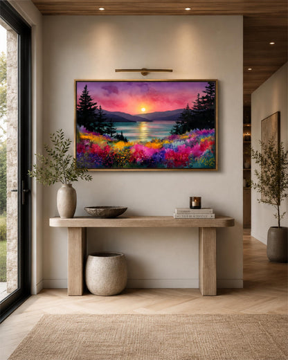 a large, colorful painting of a sunset landscape hanging on a wall above a wooden console table. The table has a bowl, a candle, and a book on it, creating a cozy and inviting atmosphere.
