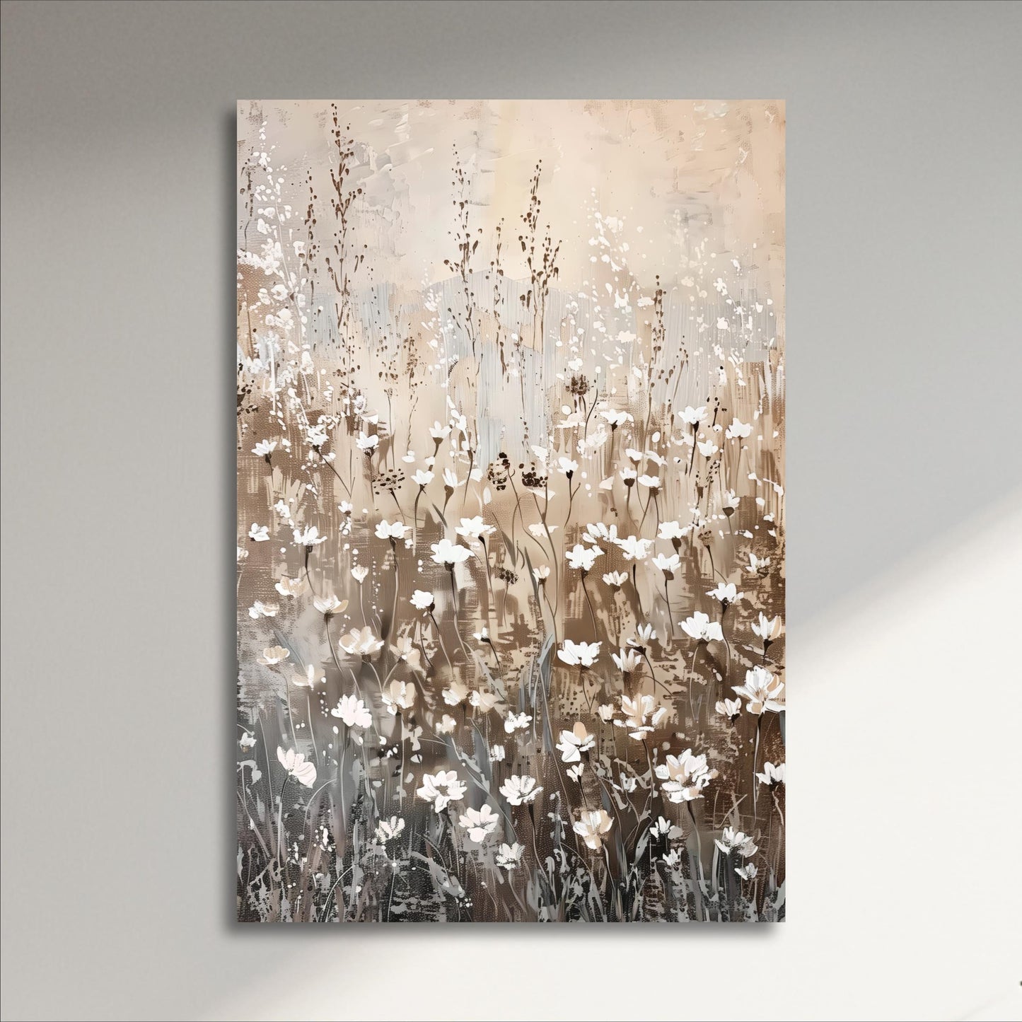 The image is a painting of a field of white flowers against a light brown background.