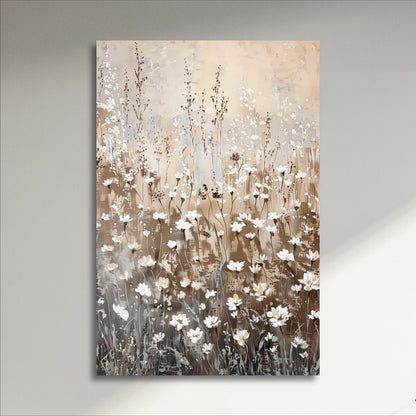 The image is a painting of a field of white flowers against a light brown background.