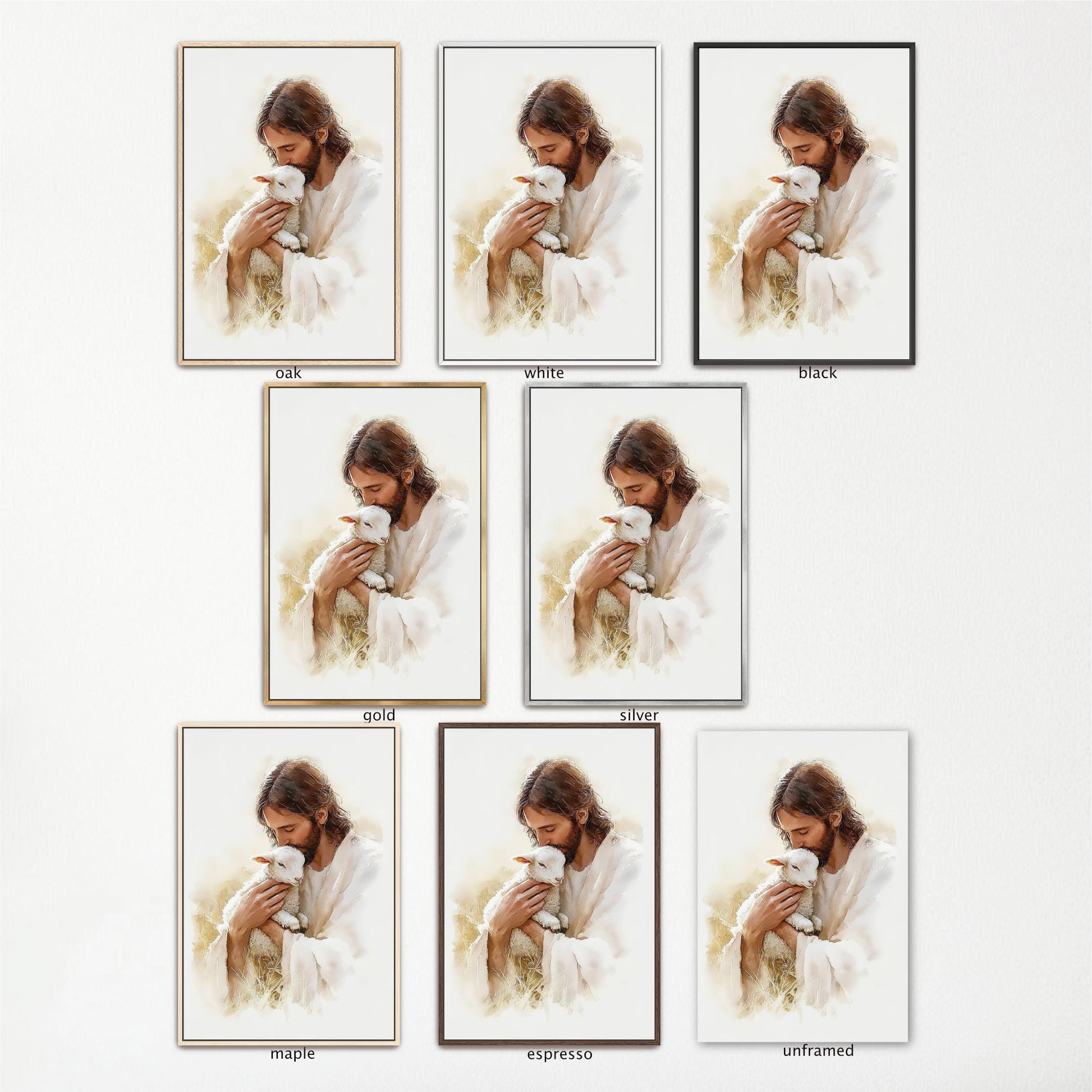 The image is a collage of multiple images depicting a man in a white robe holding a lamb.