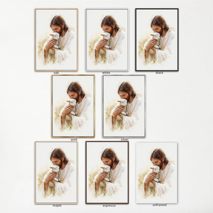 The image is a collage of multiple images depicting a man in a white robe holding a lamb.