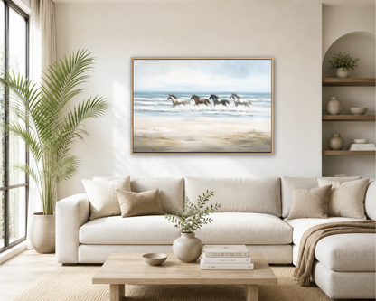 a serene living room with a large painting of horses running on the beach hanging on the wall. The room is decorated with a white sofa, a coffee table, and a potted plant, creating a calm and inviting atmosphere.