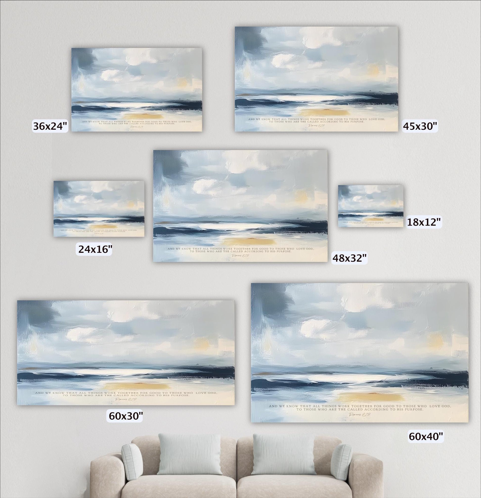 a collection of six landscape paintings, each varying in size and frame, displayed on a wall. The paintings depict serene scenes of the ocean and sky, with a focus on the horizon. The frames are labeled with their respective sizes, ranging from 36x24" to 60x30", and the paintings are arranged in a grid-like pattern.